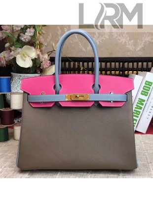 Hermes Original Multicolor Togo Leather Birkin 25/30/35 Handbag Mink/Storm/Rosy (Gole-tone Hardware)