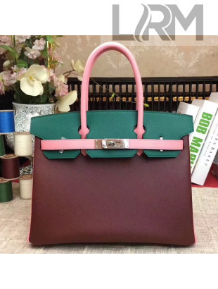 Hermes Original Multicolor Togo Leather Birkin 25/30/35 Handbag Pink/Green/Burgundy (Gole-tone Hardware)