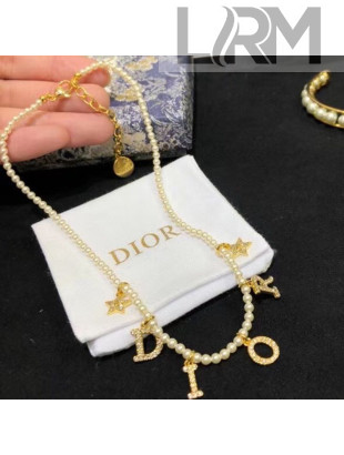 Dior Pearl Short Necklace with Lettering Charm White/Gold 2021