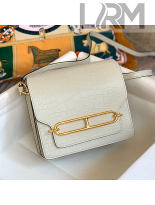 Hermes Sac Roulis 18cm Bag in Crocodile Embossed Calf Leather White/Gold 2019