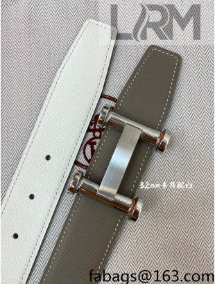 Hermes Epsom Reversible Leather Belt 3.2cm with H Buckle Grey/White/Silver 2021 50