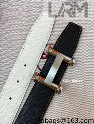 Hermes Epsom Reversible Leather Belt 3.2cm with H Buckle Black/White/Silver 2021 52