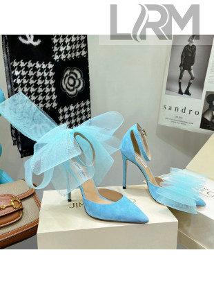 Jimmy Choo Suede High Heel Pumps 10cm with Large Mesh Bow Sky Blue 2022