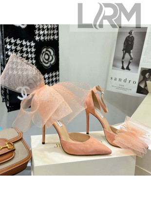 Jimmy Choo Suede High Heel Pumps 10cm with Large Mesh Bow Peach Pink 2022