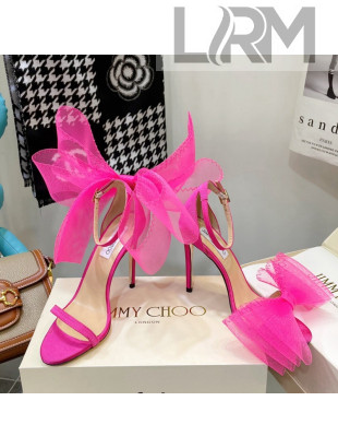 Jimmy Choo Suede High Heel Sandals 10cm with Large Mesh Bow Hot Pink 2022