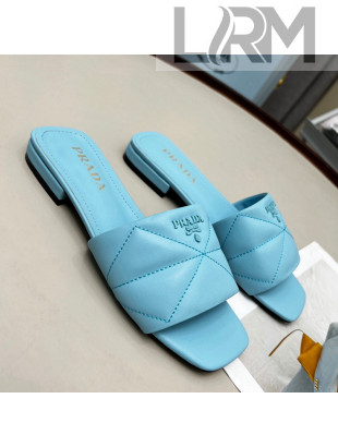 Prada Calf Leather Flat Slide Sandals Blue 2022 032377