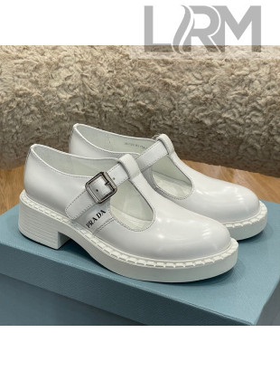 Prada Brushed-Leather Mary Jane T-strap Shoes/Loafers White 2022