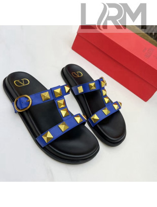 Valentino Roman Stud Calf Leather Flat Slide Sandals Blue 2022 0323143