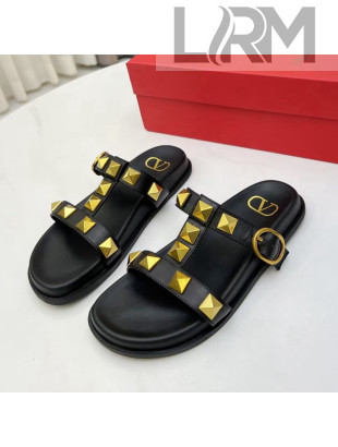 Valentino Roman Stud Calf Leather Flat Slide Sandals Black 2022 0323146