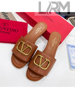 Valentino VLogo Calf Leather Flat Slide Sandals Brown 2022 0323147