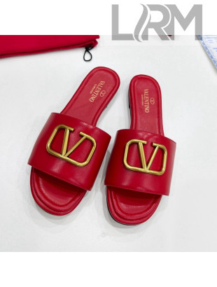 Valentino VLogo Calf Leather Flat Slide Sandals Red 2022 0323150