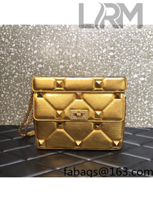 Valentino Medium Roman Stud The Shoulder Bag in Metallic Grainy Leather 1129S Gold 2022