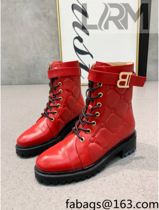 Balmain Quilted Calfskin B Buckle Ankle Boots Red 2021 120428