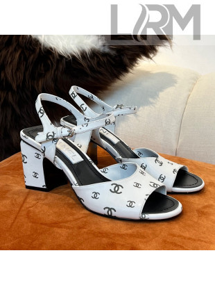 Chanel CC Allover Printed Lambskin Medium Heel Sandals 6.5cm G38974 White 2022