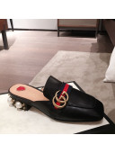 Gucci Leather GG Buckle Pearl Slippers Mules 423694 Black 2020
