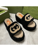Gucci Wedge Shearling Slide Sandals with Interlocking G 12cm Black 2021