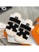 Hermes Chypre Shearling and Suede Flat Sandals Black 2021