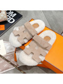 Hermes Chypre Shearling and Suede Flat Sandals Beige 2021