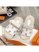 Hermes Chypre Shearling and Nappa Leather Flat Sandals White 2021
