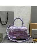 Balenciaga Hourglass Mini Top Handle Bag in Shiny Crocodile Leather Glazed Purple 2021