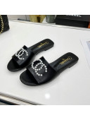 Chanel Pearly CC Leather Flat Slide Sandals Black 2022