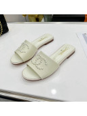 Chanel Pearly CC Leather Flat Slide Sandals White 2022