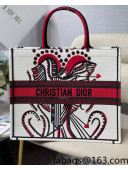 Dior Large Book Tote Bag in White and Red Multicolor Cupidon Embroidery 2022