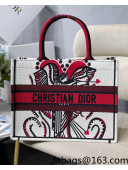 Dior Medium Book Tote Bag in White and Red Multicolor Cupidon Embroidery 2022