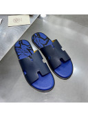 Hermes Men's Izmir Print Leather Flat Slide Sandals Dark Blue/Sky Blue 2021 32