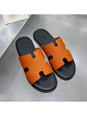 Hermes Men's Izmir Litchi-Grained Leather Flat Slide Sandals Orange/Black 2021 37