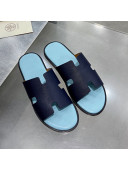 Hermes Men's Izmir Toothpick-Grained Leather Flat Slide Sandals Dark Blue/Light Blue 2021 39
