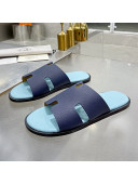 Hermes Men's Izmir Palm-Grained Leather Flat Slide Sandals Dark Blue/Light Blue 2021 42