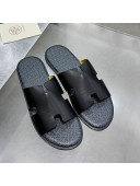 Hermes Men's Izmir Smooth Leather Flat Slide Sandals Black/Grey 2021 48