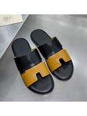 Hermes Men's Izmir Patchwork Leather Flat Slide Sandals Black/Brown 2021 55