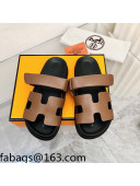 Hermes Chypre Calfskin Flat Slide Sandals Brown/Black 2022 