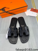 Hermes Oran Crocodile Embossed Leather Flat Slide Sandals Black 2022 08