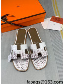Hermes Oran Crocodile Embossed Leather Flat Slide Sandals White/Grey 2022 13