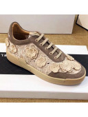 Chanel Camellia Bloom Embroidered Lace and Suede Sneakers G34815 Coffee Gray 2019
