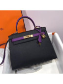 Hermes Kelly 28cm Epsom Leather Bag Black/Purple(Gold Hardware)