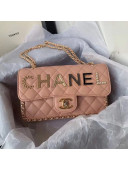 Chanel Quilted Leather Flap Bag with Lettering and Chain Charm Nude Pink 2021