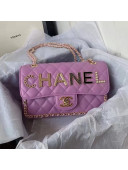 Chanel Quilted Leather Flap Bag with Lettering and Chain Charm Purple 2021