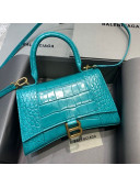 Balenciaga Hourglass Small Top Handle Bag in Shiny Crocodile Leather Blue Macaron 2020