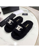 Chanel Shearling Platform Slide Sandals Black 2021