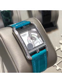 Hermes Cape Cod Crocodile Embossed Leather Crystal Square Watch Blue 2019