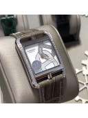 Hermes Cape Cod Crocodile Embossed Leather Crystal Square Watch Grey 2019