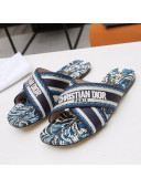 Dior Cross Strap Flat Slide Sandal in Cotton Embroidery Blue 2021
