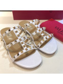 Valentino Rockstud Triple Leather Flat Slide Sandals White 2021