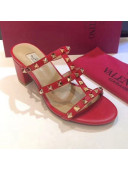 Valentino Rockstud Triple Leather Heeled Slide Sandals 6.5cm Red 2021