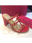 Valentino Rockstud Triple Leather Heeled Slide Sandals 9.5cm Red 2021