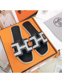 Hermes Oran Perforated Flat Slide Sandals White/Black 2021 10